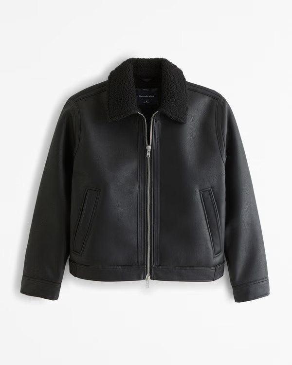 Cropped Sherpa-Lined Vegan Leather Aviator Jacket | Abercrombie & Fitch (US)