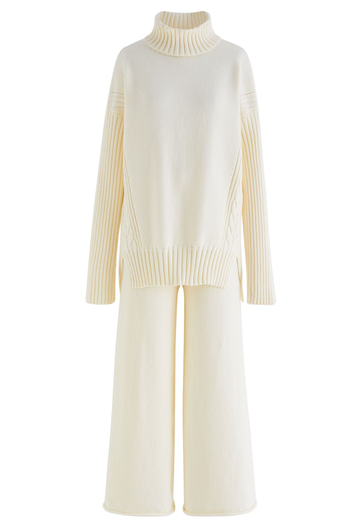 Turtleneck Hi-Lo Sweater and Knit Pants Set in Cream | Chicwish