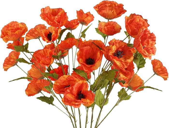 INSUNSIX 30 Heads 6 PCS Orange Poppy Flowers Artificial Flowers Silk Flowers 32 in Poppy Flowers ... | Amazon (US)
