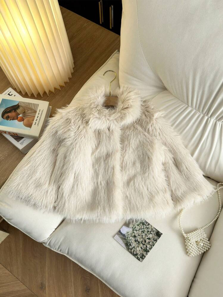 Elladie kids Young Girl Solid Color Furry Long Sleeve Casual Loose Fashion Jacket | SHEIN