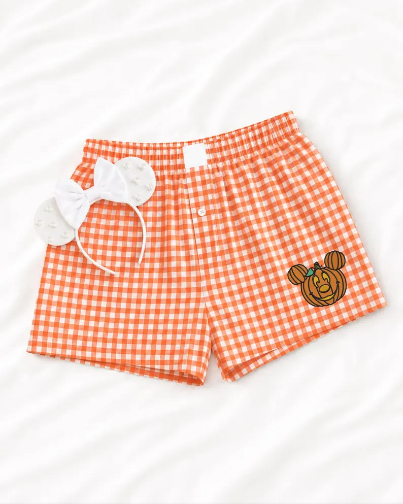 Adorable Halloween Disney Inspired Embroidered Gingham Shorts, Mickey & Minnie Pumpkin Lounge Sho... | Etsy (Global)