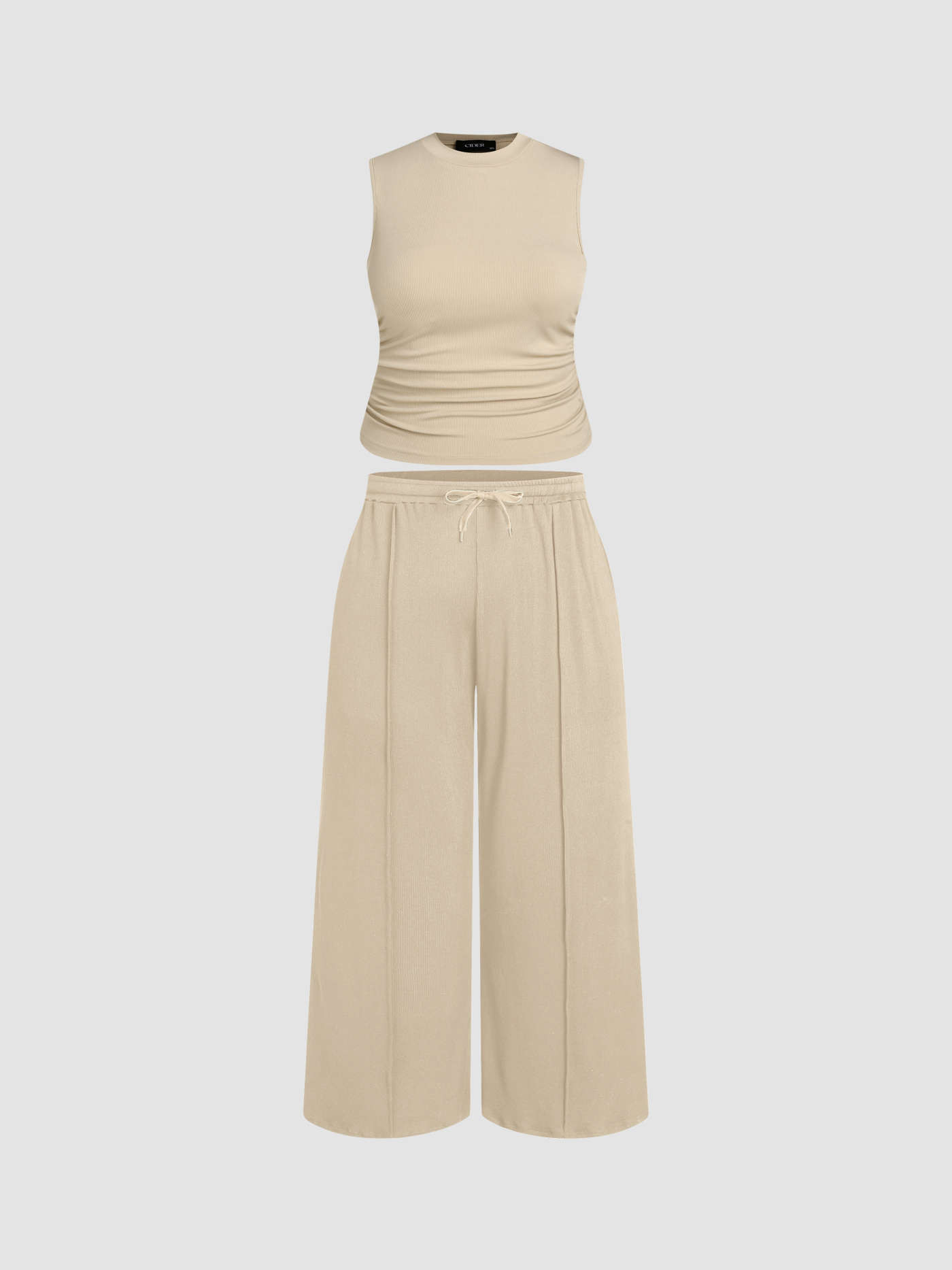 Knit Fabric Ruched Tank Top & Elastic Waist Knotted Trousers Set Curve & Plus For Daily Casual | Cider