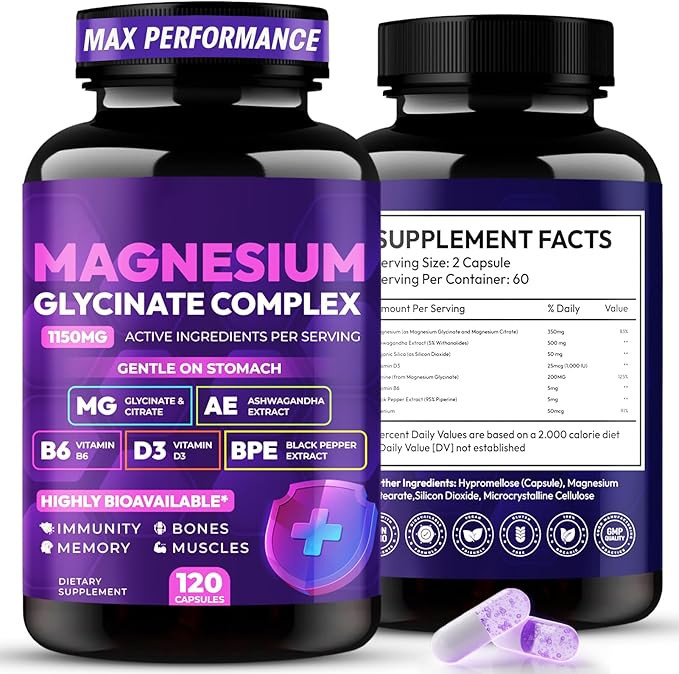 Magnesium Glycinate Complex 1150mg - Gentle on Stomach High Absorption Magnesium Capsules with Ci... | Amazon (US)