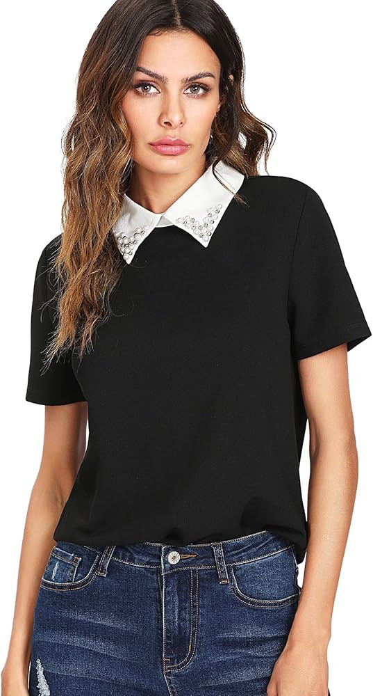 Romwe Women's Cute Contrast Collar Short Sleeve Casual Work Blouse Tops | Amazon (US)