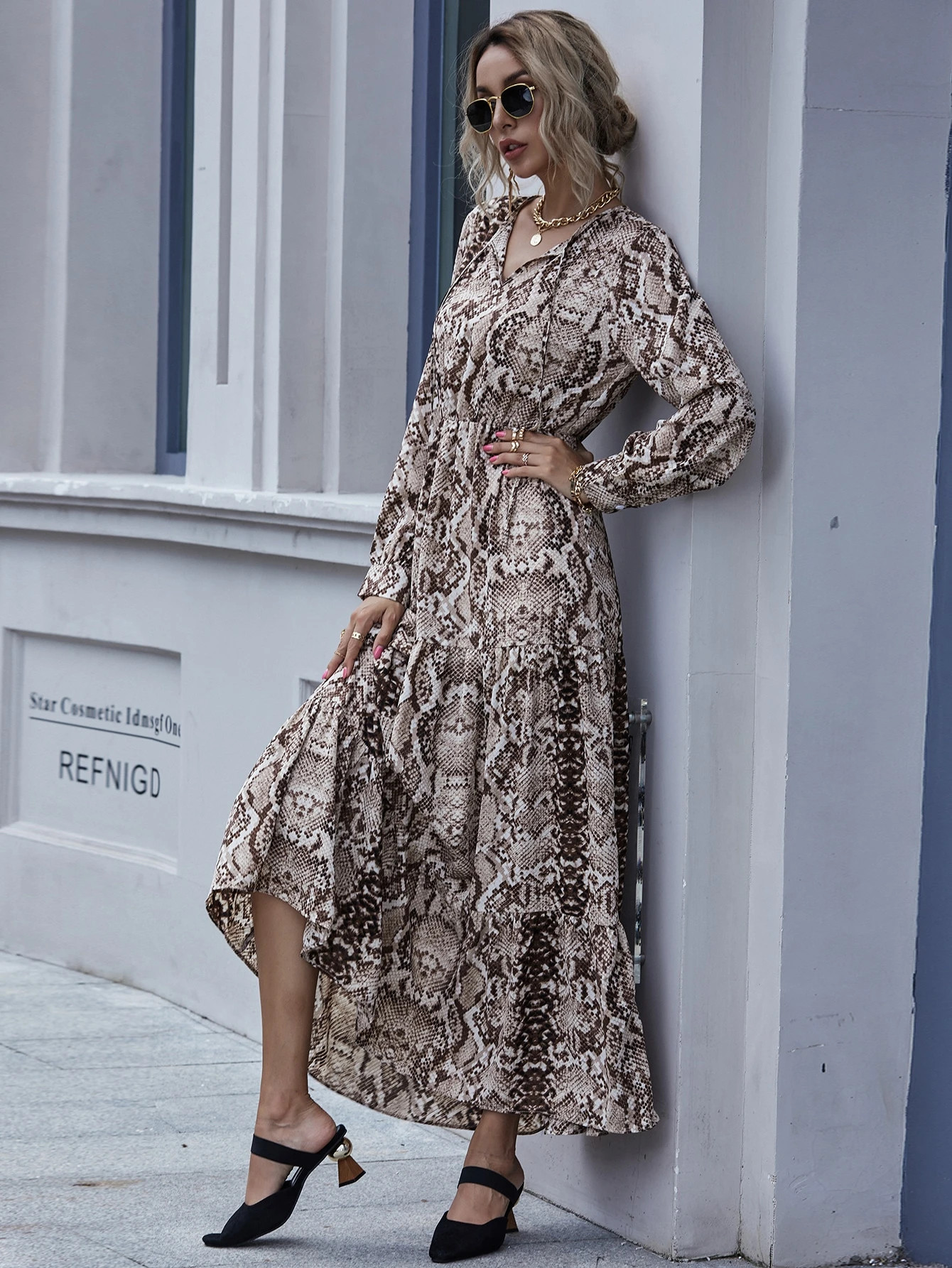 Tie Neck Snakeskin Print Ruffle Hem Maxi Dress | SHEIN