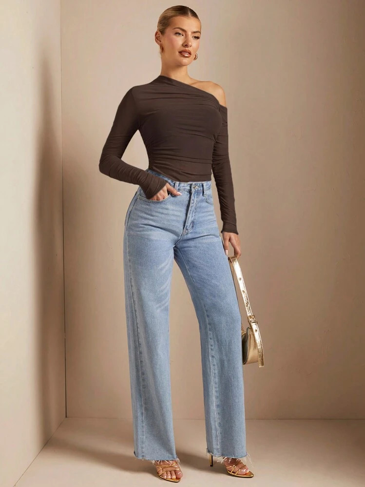 SHEIN BAE Women Simple Solid Color Oblique Shoulder Rouched Bodycon T-Shirt, Autumn | SHEIN