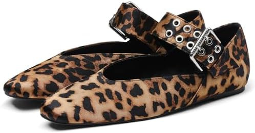 Ballet Flats for Women Square Toe Ballerina Flats Buckle Strap Leopard Print Flats Casual Dress M... | Amazon (US)