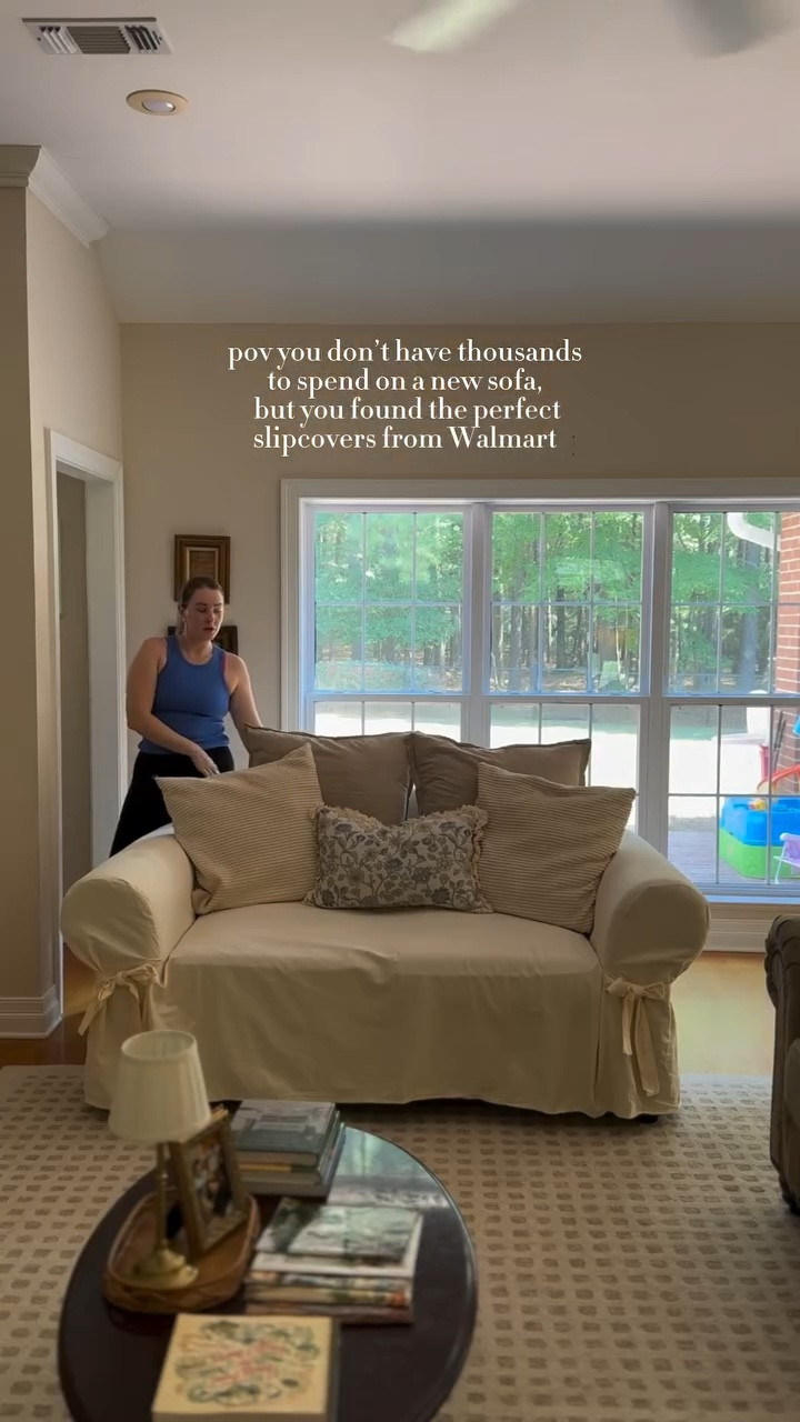 Slipcover sofas are just as classic and cozy as it gets- could not believe the quality of this and the price from Walmart, so much better than a new sofa! Comment below and I’ll send you a link to my exact covers 🫶🏼