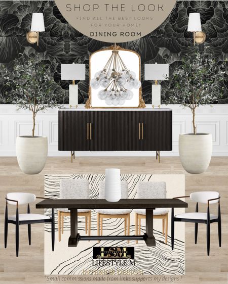 Black modern farmhouse dining room design idea. Black dining room table, black buffet console table, white upholstered dining chair, white table vase, white black stripe rug, white table lamp, brass decorative mirror, brass glass chandelier, brass wall sconce light, white terracotta tree planter pot, realistic faux fake tree, black wall paper.

#LTKhome #LTKFind #LTKstyletip