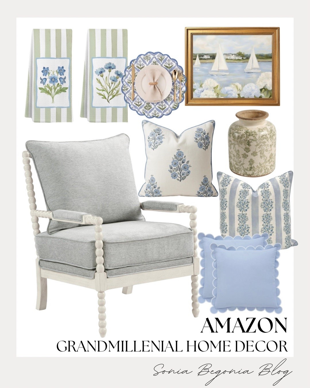 Timeless coastal charm! 🪞

I styled a spindled armchair with blue floral scalloped pillows, striped tea towels, and a botanical vase for a cozy, classic look.

Finished with a framed sailboat art piece and patterned placemat for refined cottage elegance. ✨

#AmazonHome #GrandmillennialStyle #CoastalDecor #Cottagecore #HomeInspo #LTKhome #AmazonFinds #BlueAndWhiteDecor

#LTKHome