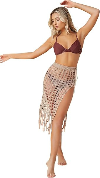 Verdusa Women's Cut Out Fringe Split Thigh Crochet Swimwear Cover Up Skirt | Amazon (US)