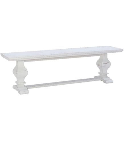 BOWERY HILL Solid Pine Wood Double Pedestal Dining Bench in Distressed White | Amazon (US)