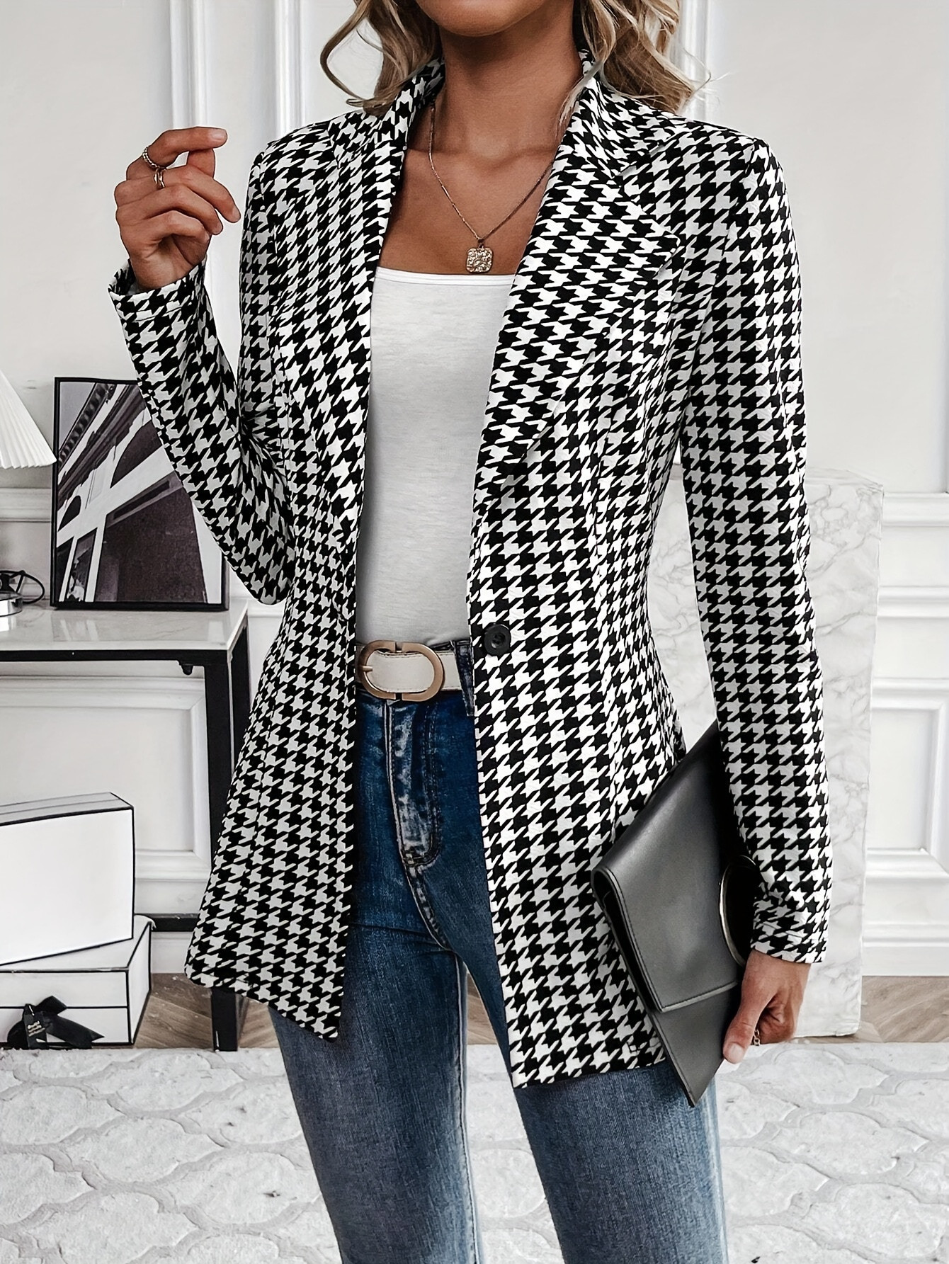 Houndstooth Print Button Front   Casual Lapel Long - Temu | Temu Affiliate Program