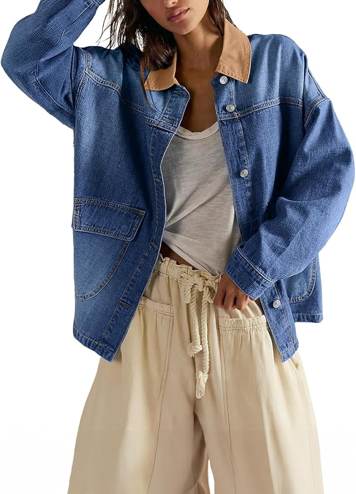EVALESS Jean Jacket Women Trendy Color Block Denim Jacket Oversized Long Sleeve Button Down Barn ... | Amazon (US)
