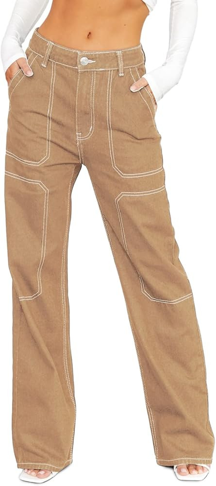 Dokotoo Women's Casual Mid Waist Cargo Jeans Stretch Wide Leg Denim Pants with Pockets | Amazon (US)