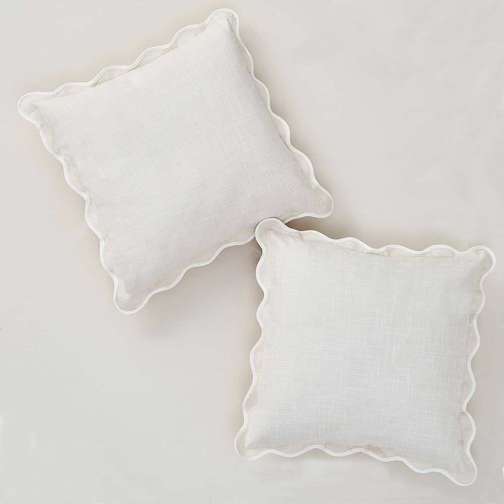 Scalloped Throw Pillow Covers Set of 2 for Living Room, Soft Cotton & Cozy Linen, Boho Sytle Deco... | Amazon (US)