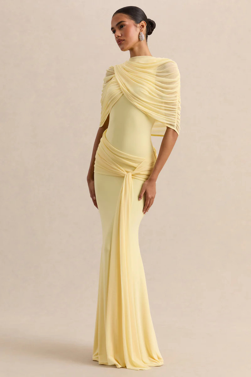 Mirene  Lemon Round-Neck Maxi-Dress With Gathered-Detailing And Sash | Club L London