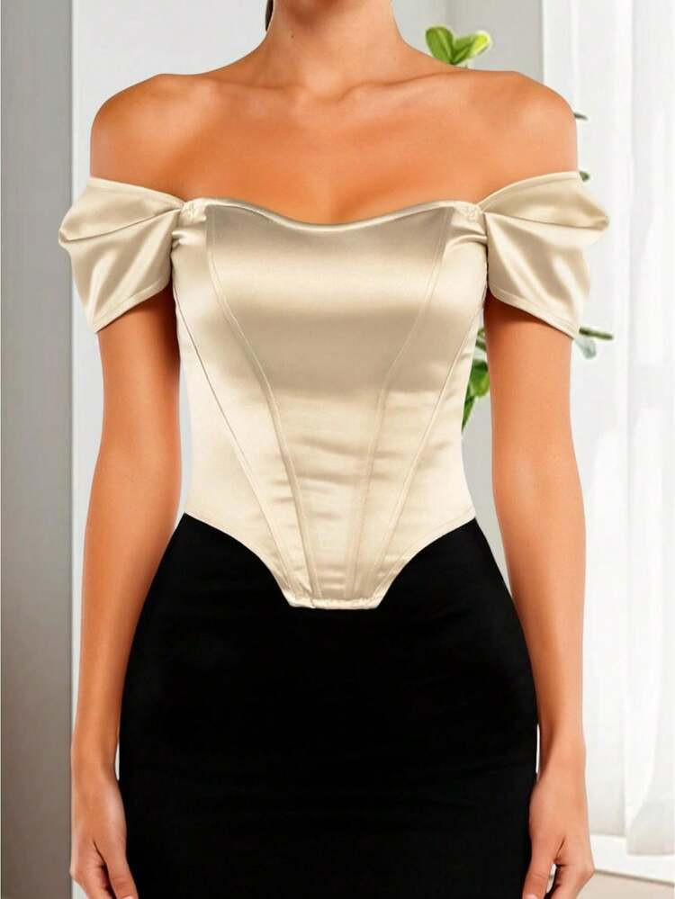 Women Off Shoulder Crop Tops Solid Color Satin Short Sleeve Fishbone Slim Fit Corset T-Shirt Daily Party Club Vacation | SHEIN