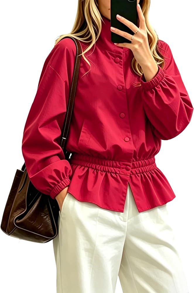 Womens Oversized Bomber Puff Jacket Stand Collar Lightweight Elastic Waist Windproof Shacket Coat | Amazon (US)