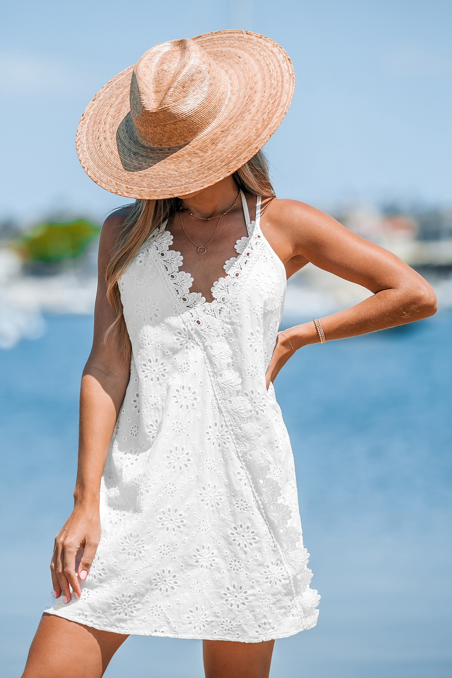 Linen Eyelet Cami Mini Dress | Cupshe US