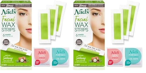 Nad's Facial Wax Strips - Hypoallergenic All Skin Types - Facial Hair Removal For Women - At Home Waxing Kit with 20 Face Wax Strips + 4 Calming Oil Wipes + Skin Protection Powder (Pack of 2) | Amazon (US)