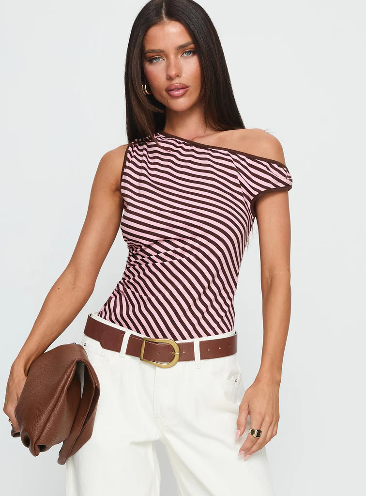 Ayviana One Shoulder Bodysuit Pink / Brown Stripe | Princess Polly US