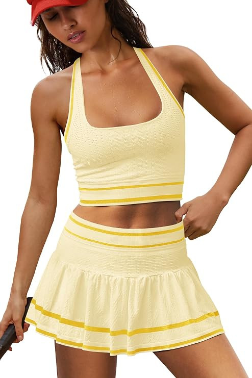 LAMISSCHE Seamless Athletic Skirt Set Square Neck Tank Pleated Skort Set | Contrast Piping, Halte... | Amazon (US)