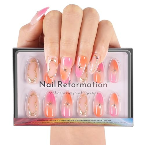 Nail Reformation Press On Nails, Pink Orange Swirl Medium Almond Fake Nails with 3D Star Accents & Squiggle Overlay, Glossy Reusable Stick On Nails Kit - 30 Pcs in 15 Sizes, Manicure Gifts for Women | Amazon (US)