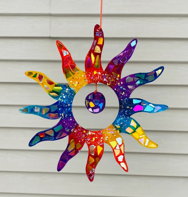 Rainbow sun SunCatcher..stained glass SunCatcher.. blingthingzbylori.. whirligigs wind spinner.. Fat | Etsy (US)
