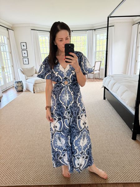 Another new favorite summer dress. The blue and white print, cutouts, and the cut are just perfect. Wearing a small and I’m a size 26 denim and C cup - runs TTS. 

#LTKover40 #LTKSeasonal