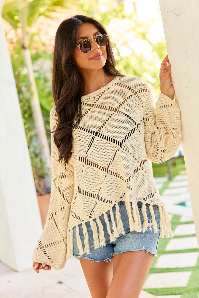 Fawna Taupe Fringe Crewneck Sweater | Pink Lily
