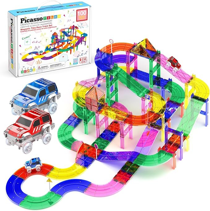 PicassoTiles 100 PCs Race Car Track Set Magnetic Toy Building Block with 2 LED Cars with Height A... | Amazon (US)