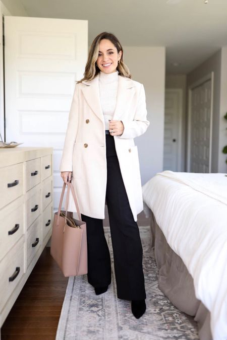 Outfit idea for work with boots. 

Top: xs 
Coat: petite 00/xxs 
Pants: petite 00 
Boots: tts (linking other options as well) 

#LTKSeasonal #LTKworkwear #LTKstyletip