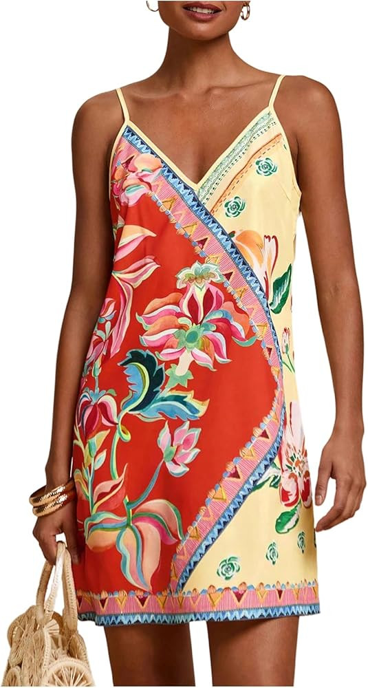 OYOANGLE Women's Boho Patchwork Floral Print Mini Sundress Spaghetti Strap Colorblock A Line Dres... | Amazon (US)
