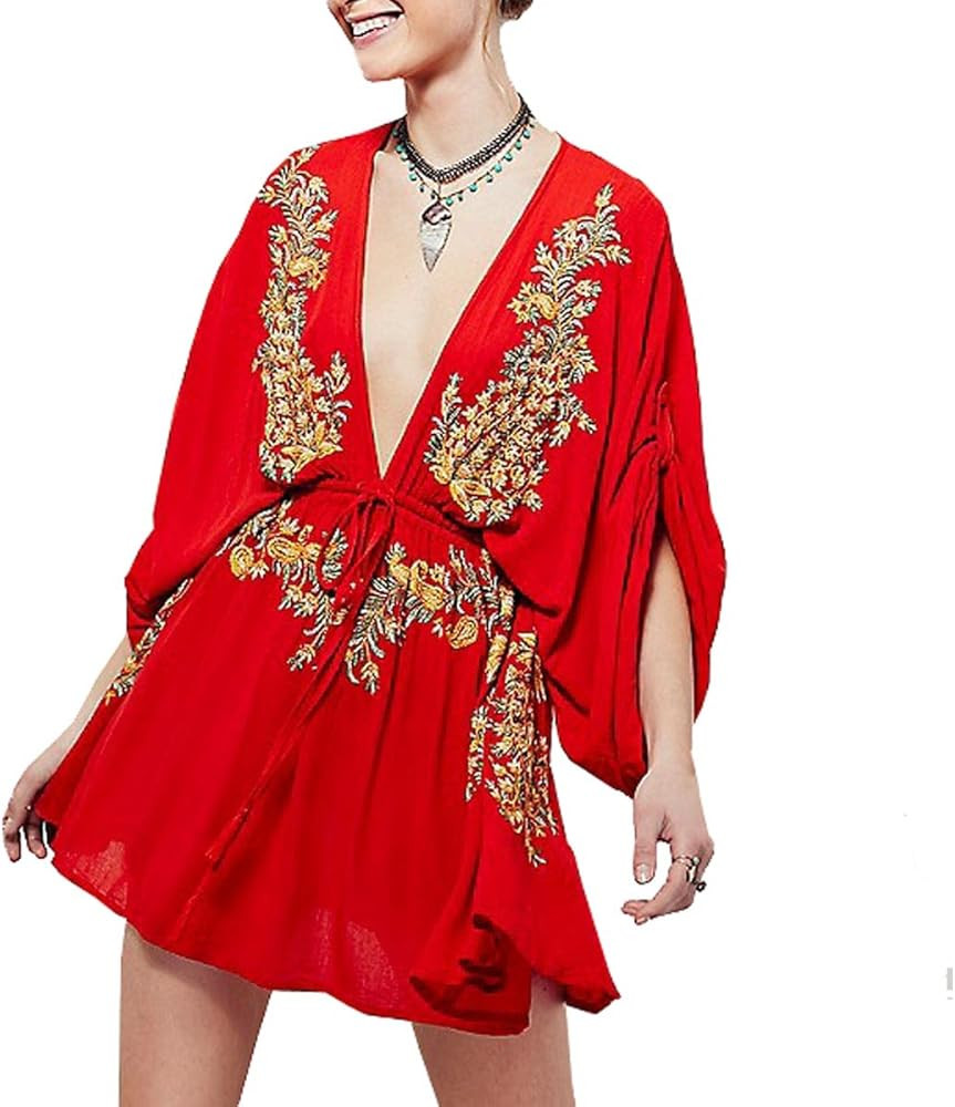 R.Vivimos Women's Summer Batwing Sleeves Vintage Floral Embroidered Deep V Neck Cotton Boho Swing... | Amazon (US)
