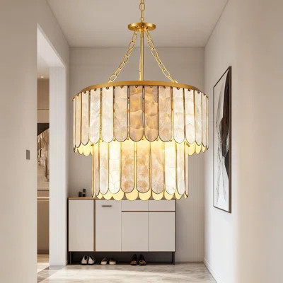 Modern Capiz Shell Chandelier With Dual-Tier Design, Gold Finish Ceiling Light Fixture For Living Room, Bedroom, Kitchen Or Entryway | Wayfair North America