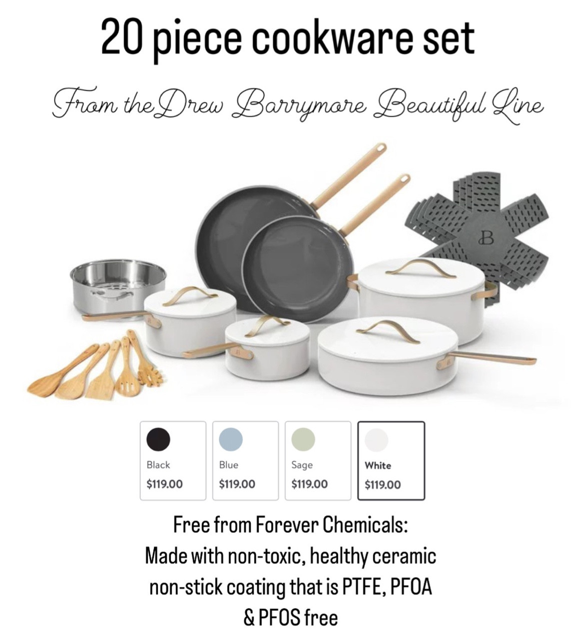 Gorgeous cookware set from the Drew Barrymore, Beautiful line available @walmart.  

•20 piece set
•Free from Forever Chemicals: Made with non-toxic, healthy ceramic non-stick coating that is PTFE, PFOA & PFOS free
•Durable construction for fast and even heating
•Sleek design with gold die cast handles
•Flat die cast lids for cohesive look and cooking control
•Oven safe up to 500°F, including die-cast lids
•Dishwasher safe, handwash recommended
•Compatible with all stovetops including induction





#cookware #beautifulline #potsandpans #walmart #walmarthome 

#LTKGiftGuide #LTKHoliday #LTKSeasonal