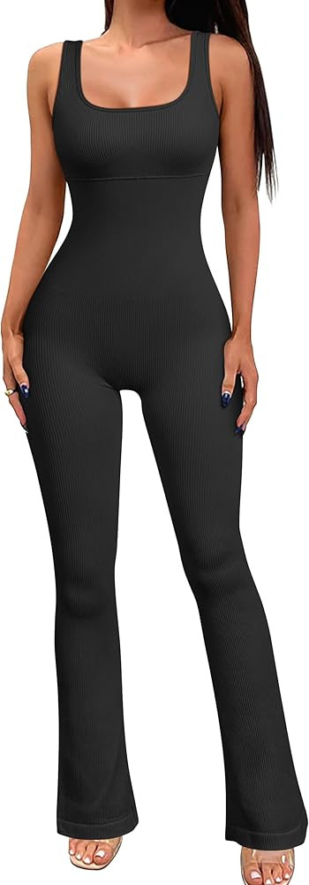 OQQ Women‘s Yoga Jumpsuits Ribbed Workout Sleeveless Tank Tops Bell Bottoms Flare Jumpsuits | Amazon (US)
