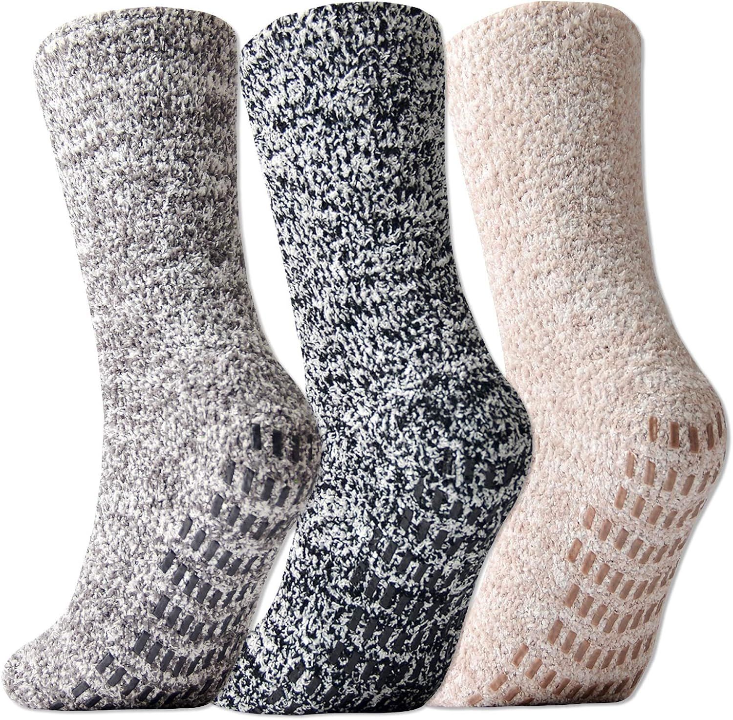 Jormatt 3 Pairs Ultra Thick Fuzzy Grip Socks Non Skid Slipper Hospital Socks Unisex | Amazon (US)