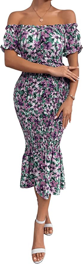 SweatyRocks Women's Floral Print Off Shoulder Shirred Midi Dress Short Sleeve Ruffle Hem Dresses | Amazon (US)