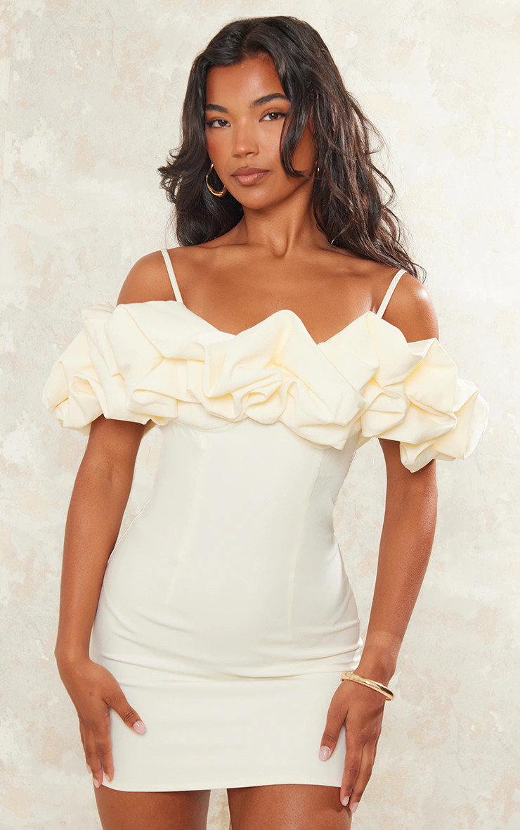 Cream Frill Bardot Bodycon Dress | PrettyLittleThing UK