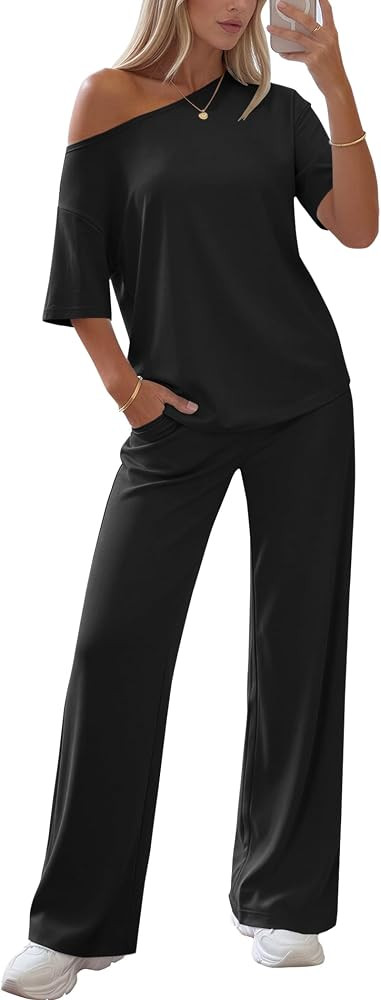 Ekouaer Women's Lounge Set Off Shoulder Short Sleeve Top & Long Pants Set     Right One-Shoulder ... | Amazon (US)