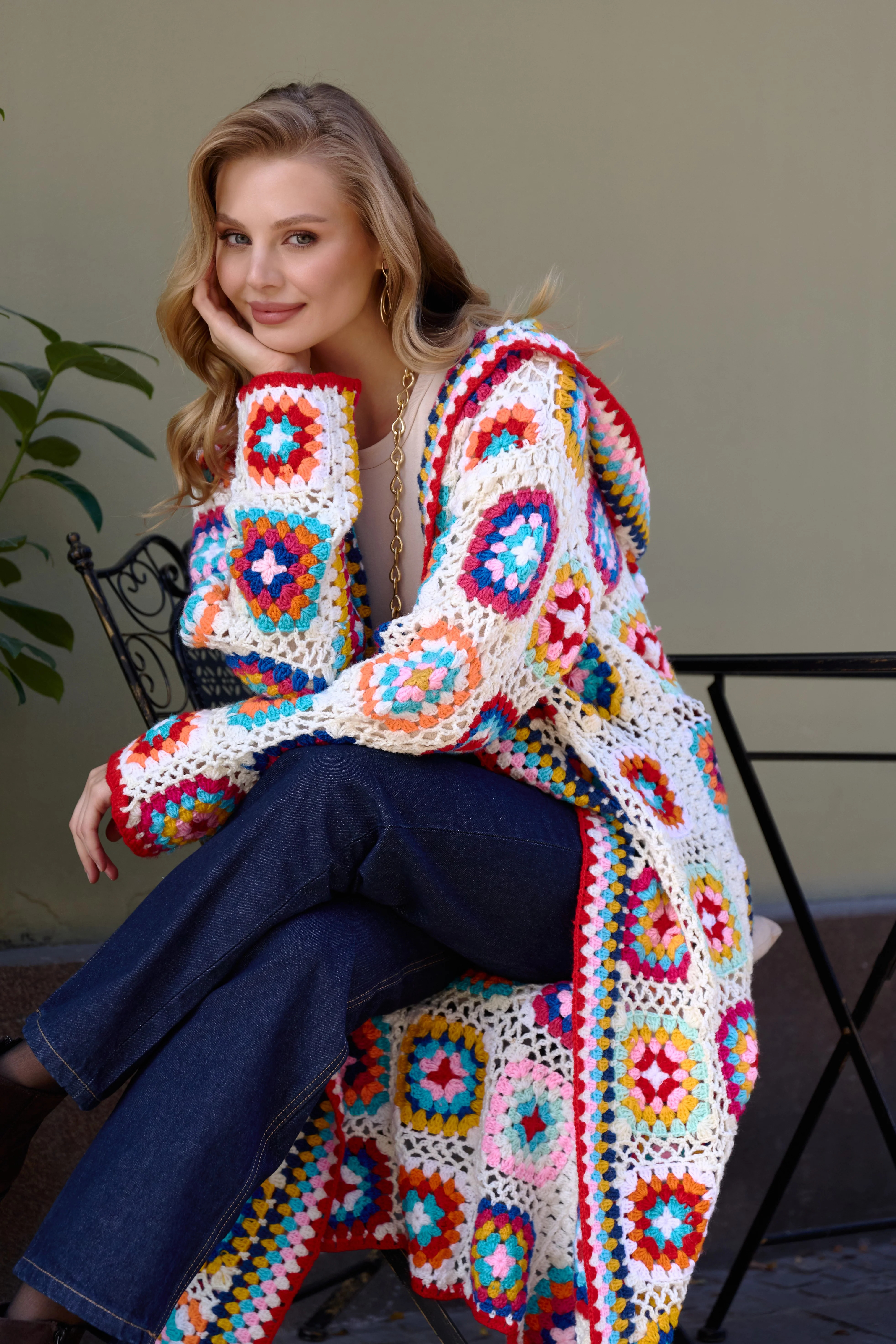 Crochet Wool Hooded Kimono Long | Saachi