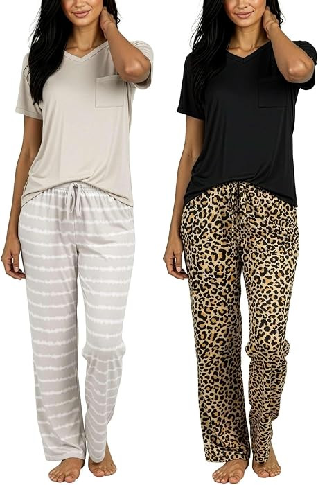 Real Essentials 2 Pack: Women's Comfy Pajama Sets - Short Sleeve Ladies Loungewear Sleepwear PJs ... | Amazon (US)