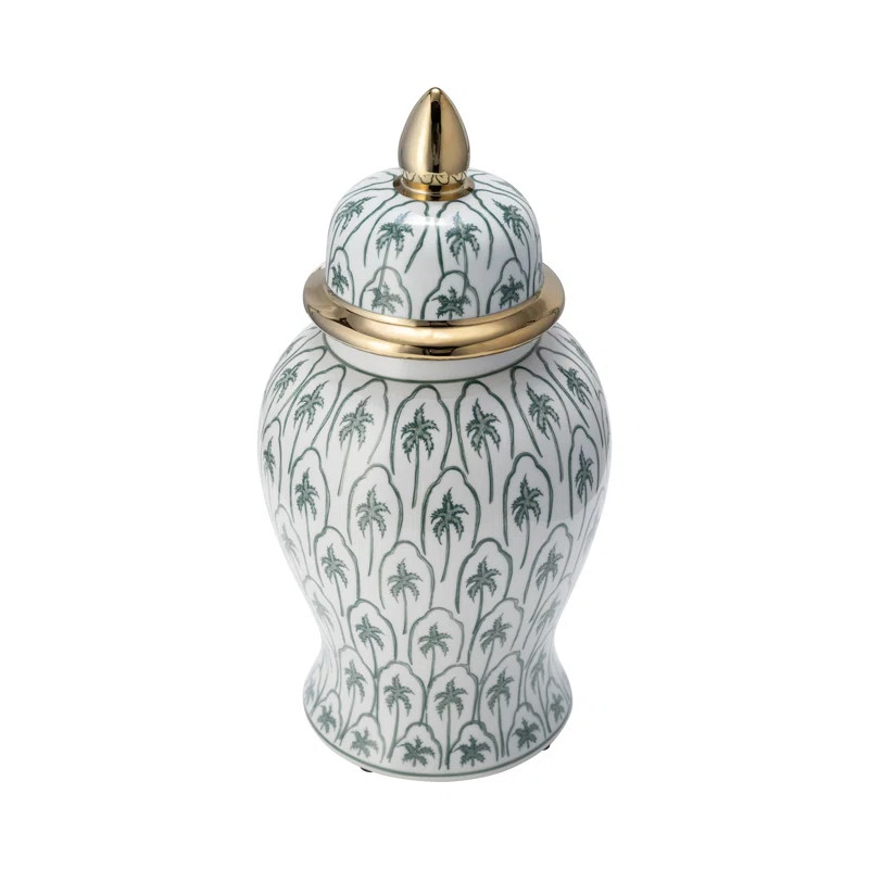 Temple Jar with Lid - Ceramic White, Green and Gold Palm Tree Decorative Stoneware for Home, Offi... | Wayfair North America