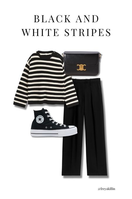 Black & white stripes look - striped knit jumper, arket black wide leg tailored trousers, Céline triomphe handbag, platform converse trainers 

#LTKeurope #LTKshoecrush #LTKstyletip