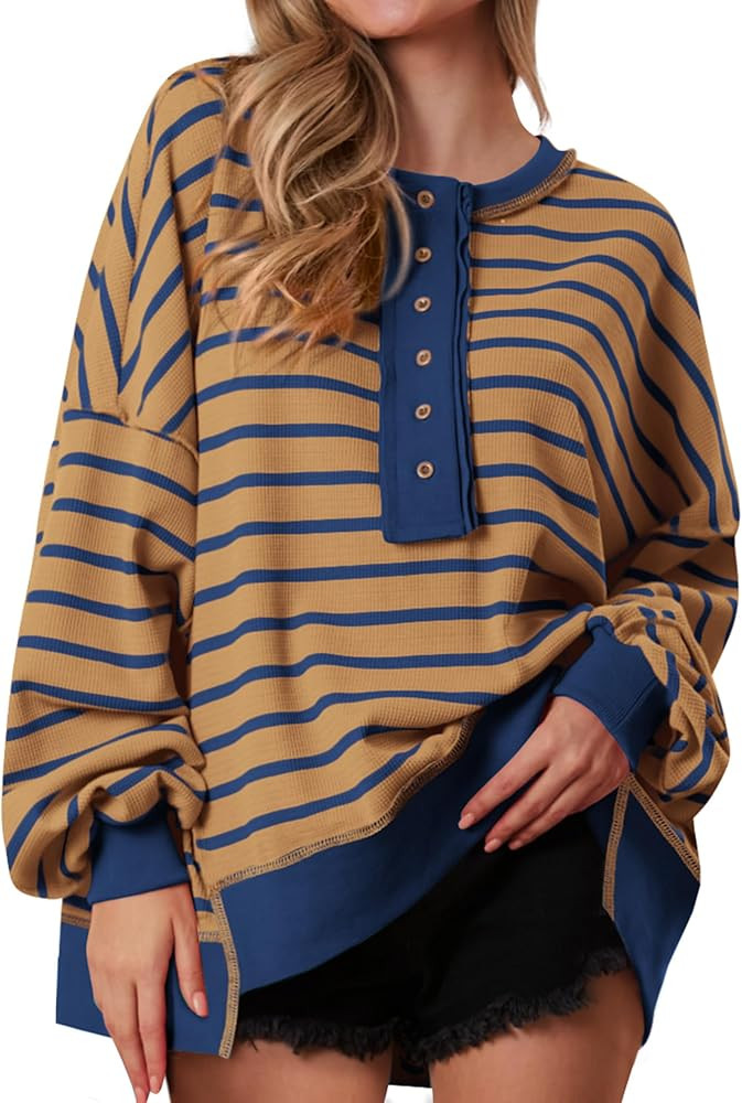PRETTYGARDEN Womens Fall 2025 Striped Oversized Sweatshirt Long Sleeve Button Up Henley Neck Waff... | Amazon (US)