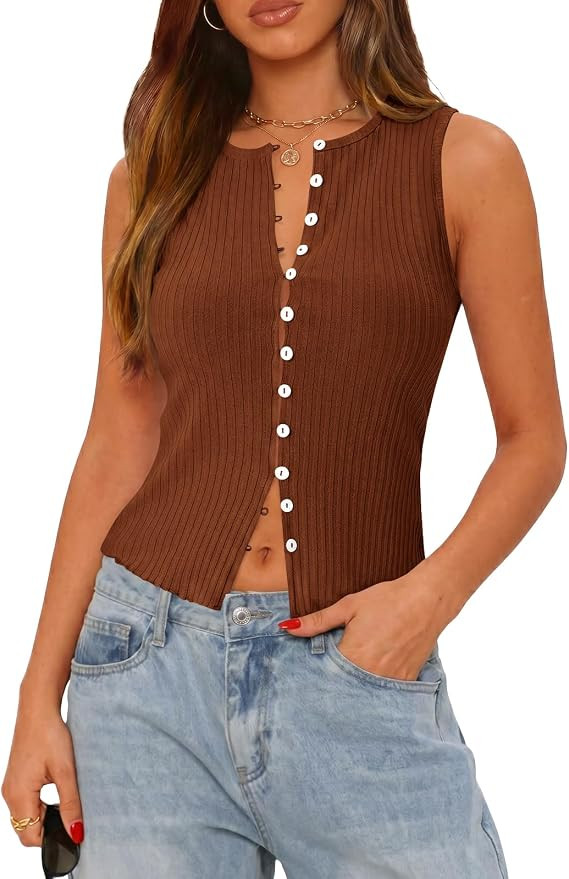 Tankaneo Womens Button Down Cropped Going Out Tank Tops Spring Summer Ribbed Vest Top Slim Fit Se... | Amazon (US)