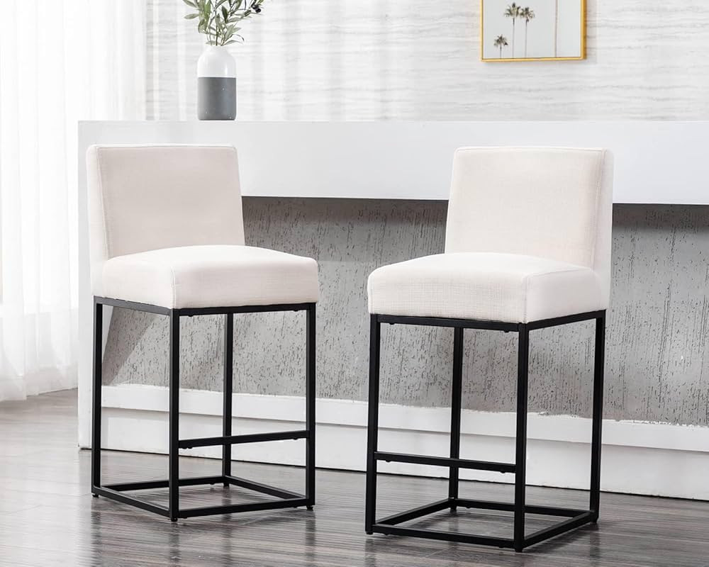 Modern Counter Height Bar Stools Set of 2, Linen Upholstered Kitchen Island Stools with Backrest,... | Amazon (US)