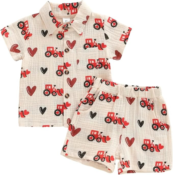 VISGOGO Toddler Baby Boys Valentine's Day Shorts Sets Short Sleeve Lapel Tractor Heart Print Shir... | Amazon (US)